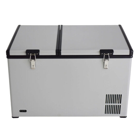 90 quart dual zone portable fridge/ freezer with 12v option and wheels