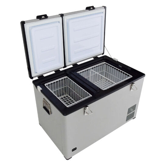 90 quart dual zone portable fridge/ freezer with 12v option and wheels