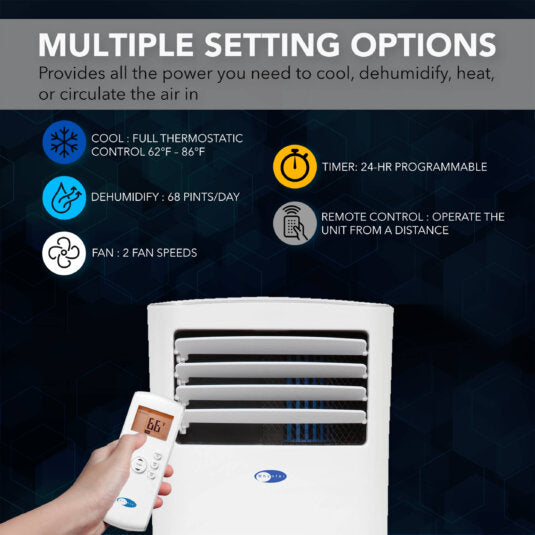 compact portable air conditioner, dehumidifier, and fan with remote control - white