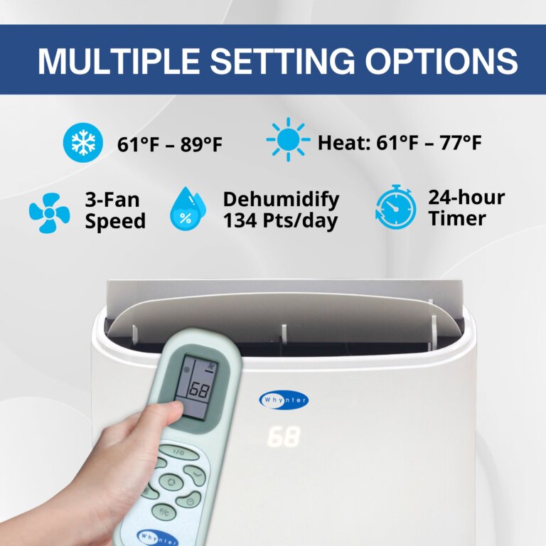 14,000 btu (10,000 btu sacc) dual hose cooling portable air conditioner, heater, dehumidifier, and fan with remote control, hepa and carbon filter, up to 500 sq ft in white