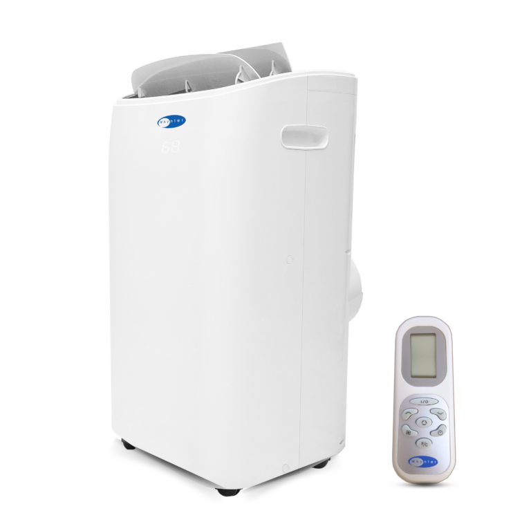 14,000 btu (10,000 btu sacc) dual hose cooling portable air conditioner, heater, dehumidifier, and fan with remote control, hepa and carbon filter, up to 500 sq ft in white