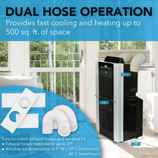 14,000 btu (9,200 btu sacc) dual hose cooling portable air conditioner, heater, dehumidifier, and fan with activated carbon filter plus storage bag, up to 500 sq ft in platinum/black