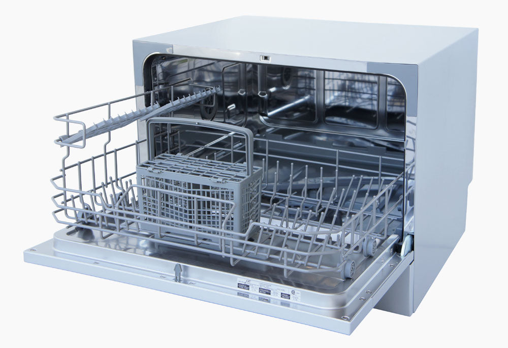 countertop dishwasher with delay start in silver