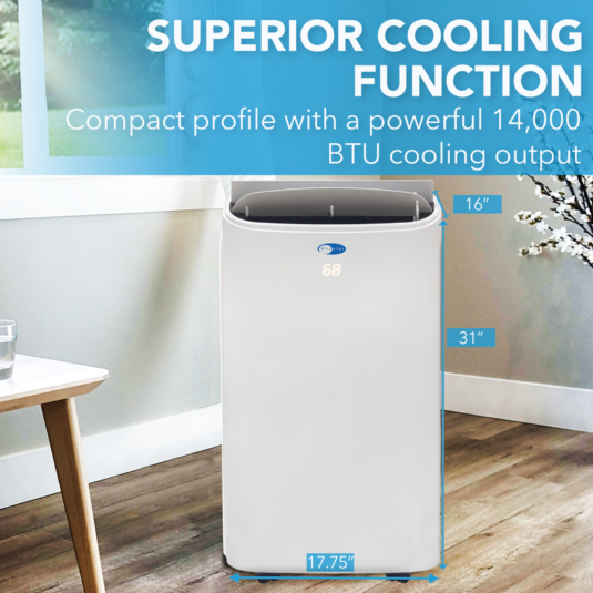 14,000 btu (10,000 btu sacc) dual hose cooling portable air conditioner, heater, dehumidifier, and fan with remote control, hepa and carbon filter, up to 500 sq ft in white