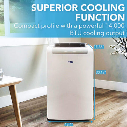 14,000 BTU (10,000 BTU SACC) Portable Air Conditioner, Heater, Dehumidifier, and Fan with Activated Carbon and SilverShield Filter plus Drain Pump, up to 500 sq ft in White